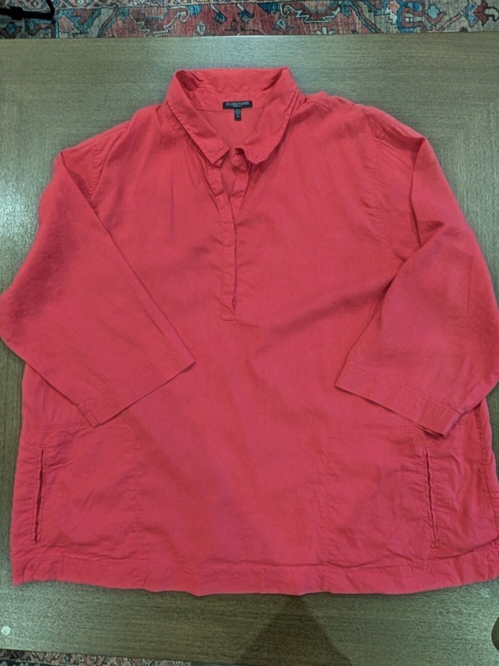 Eileen Fisher Woman Coral Linen Popover Tunic Top 3/4 Sleeve Pockets Plus 3X